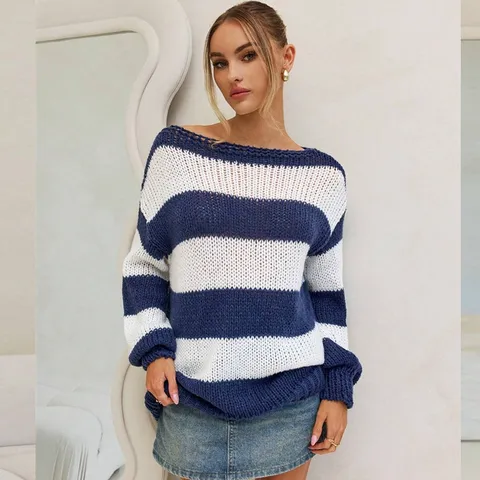 Maglione Pullover in Maglia a Righe a Manica Lunga e Girocollo Casual da Donna Largo Oversized per Uso Quotidiano