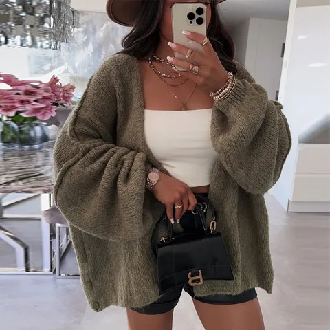 Women Casual V-Neck Solid Color Loose Cardigan Sweater Autumn Winter Long Sleeve Knitwear Female Fashion Coat