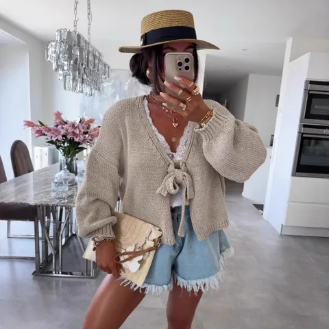Cardigan Corto Casual da Donna Maglione Manica Lunga Girocollo Fiocco Allacciato Tinta Unita Maglieria Larga Moda Autunnale Capispalla