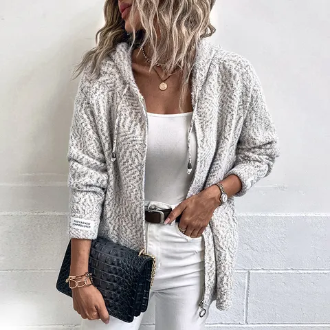 Women Casual Solid Color Loose Drawstring Hooded Knitted Cardigan Sweater Outerwear Long Sleeve Zip Up Knit Top