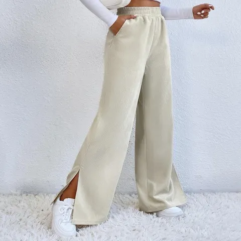 Women's High Waist Corduroy Wide Leg Pants Solid Color Casual Straight Trousers With Side Slit Autumn Winter Fashion Clothes