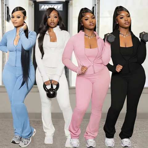 Women Casual Solid Color Long Sleeve Zip Up Cardigan Jacket And Long Pants Pant Set Sports Two Piece Tracksuit Outfit