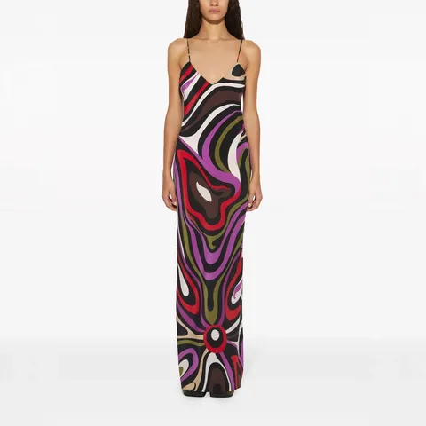Women Vacation Style Geometric Print Satin Cami Maxi Dress Sexy Backless V-Neck Long Dress For Summer Resort Party Wear