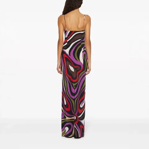 Women Vacation Style Geometric Print Satin Cami Maxi Dress Sexy Backless V-Neck Long Dress For Summer Resort Party Wear