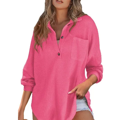 Dames Casual Wafelstreep Trui met Lange Mouwen Losse Pasvorm Omgeslagen Kraag Knoopsluiting Effen Kleur Top