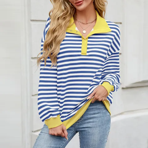 Women's Casual Striped Sweatshirt Loose Polo Collar Long Sleeve Button Pullover Top Polyester Patchwork Contrast Outerwear