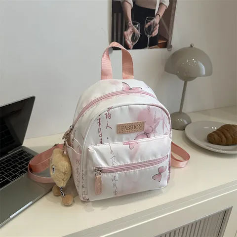 Guochao Style Butterfly Print Mini Backpack For Women Chinese Calligraphy Pattern Casual Fashion Streetwear Schoolbag With Pendant