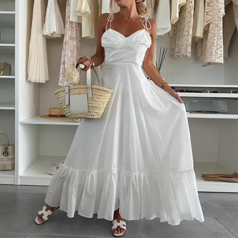 Women's Summer Holiday Backless Spaghetti Strap Maxi Dress Elegant Solid Color V Neck Tiered Ruffle Hem A-Line Flowy Party Dress