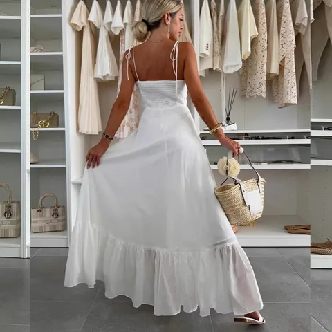 Women's Summer Holiday Backless Spaghetti Strap Maxi Dress Elegant Solid Color V Neck Tiered Ruffle Hem A-Line Flowy Party Dress