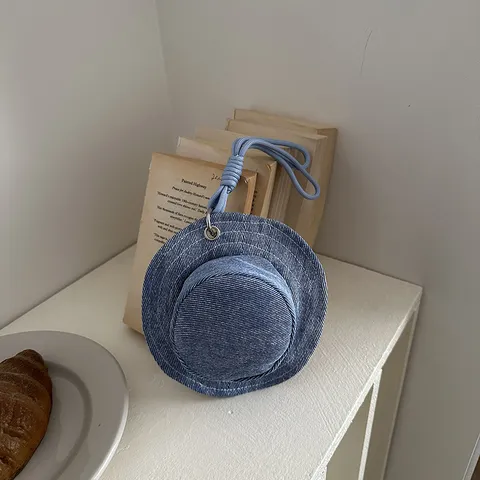 Creative Denim Bucket Hat Shape Mini Coin Purse Keychain Bag Charm Earphone Storage Case Unique Miniature Denim Pouch Pendant Hanging Accessory