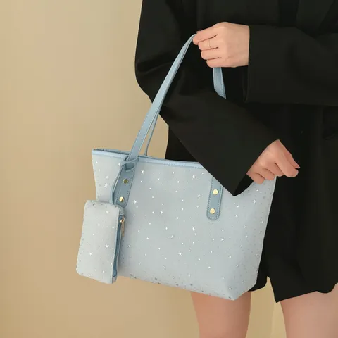 Damen Große Kapazität Tote Bag PU-Leder Sternenmuster Casual Handtasche mit passender Tasche und Sternanhänger