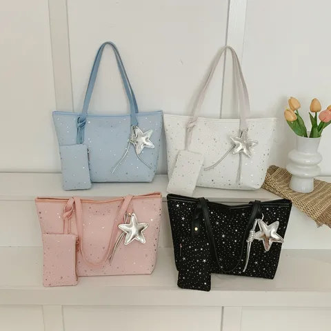 Damen Große Kapazität Tote Bag PU-Leder Sternenmuster Casual Handtasche mit passender Tasche und Sternanhänger