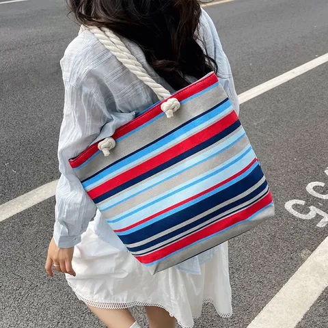 Ethnic Striped Nylon Tote Bag With Hemp Rope Handles Large Capacity Casual Shoulder Bag For Women Daily Commute Vacation