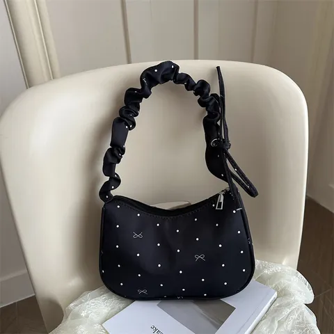 Women Polka Dot Bow Print Underarm Bag Pleated Strap Nylon Crescent Shoulder Bag Sweet Style Daily Mini Handbag