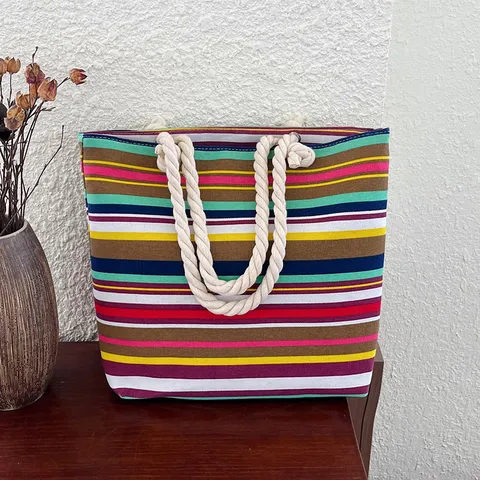 Ethnic Striped Nylon Tote Bag With Hemp Rope Handles Large Capacity Casual Shoulder Bag For Women Daily Commute Vacation