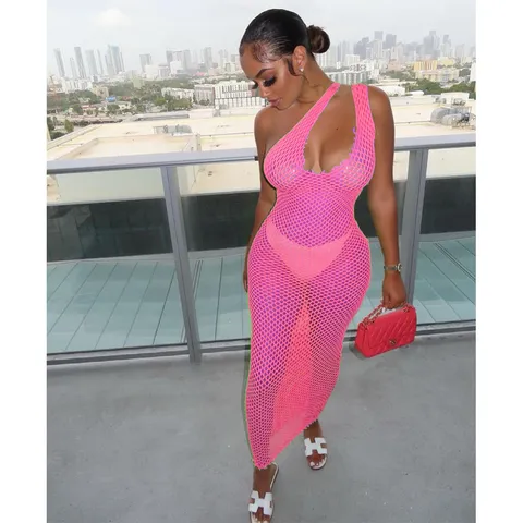 Conjunto de Vestido Maxi de Malla Calado Transparente de un Hombro para Mujer Con Bragas Color Sólido Poliéster Acrílico