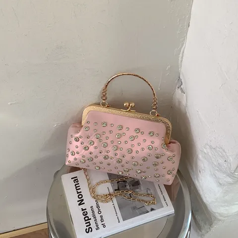 Sac Bandoulière pour Femmes en Cuir PU Strass Fermoir Baiser Élégant Cadre Métallique Sac à Main de Soirée