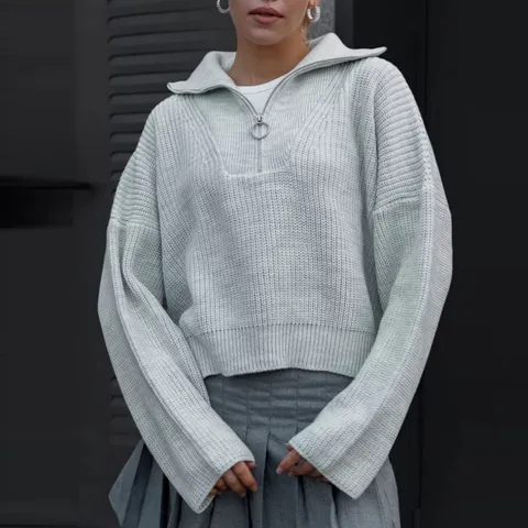 Dames Halve Rits Revers Gebreide Trui Casual Effen Kleur Lange Mouw Pullover Woon-werkverkeer Zachte Knit Top