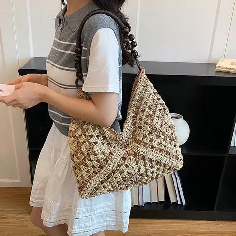 Bolso Tote de Paja Tejida para Mujer de Gran Capacidad Bolso de Hombro de Ganchillo Hecho a Mano con Cuentas de Madera