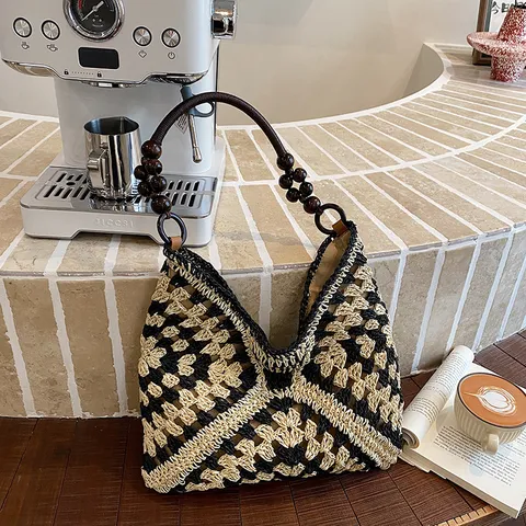 Bolso Tote de Paja Tejida para Mujer de Gran Capacidad Bolso de Hombro de Ganchillo Hecho a Mano con Cuentas de Madera