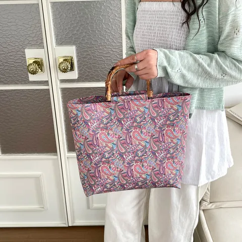 Mujeres Gran Capacidad Bolso Tote Floral Vintage Paisley Estampado Bolso de Mano Con Mango de Bambú Bolsa Casual