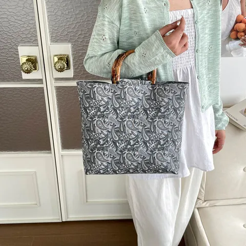 Mujeres Gran Capacidad Bolso Tote Floral Vintage Paisley Estampado Bolso de Mano Con Mango de Bambú Bolsa Casual