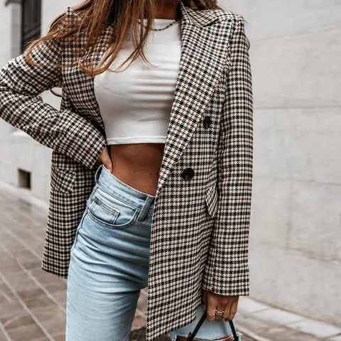 Women's Retro Plaid Double Breasted Suit Jacket British Style Lapel Long Sleeve Blazer For Work Office Daily Wear Polyester Outerwear