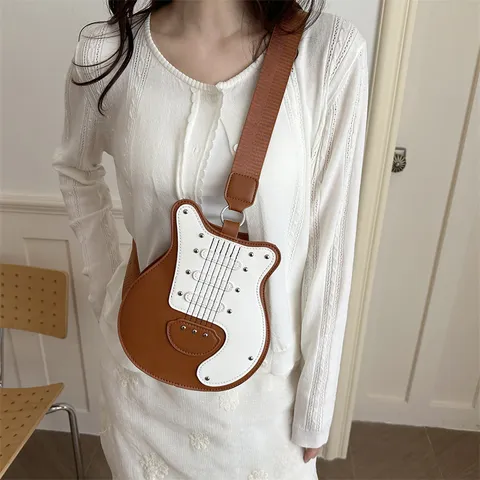 Women Guitar Shaped Crossbody Bag Color Block PU Leather Shoulder Bag Personalized Niche Casual Rivet Sewing Line Purse