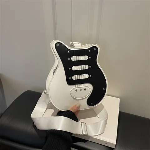 Women Guitar Shaped Crossbody Bag Color Block PU Leather Shoulder Bag Personalized Niche Casual Rivet Sewing Line Purse