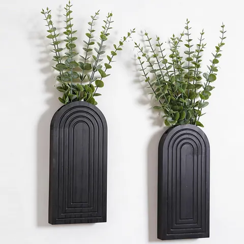 Bohemian Minimalist Black Wood Geometric Arch Wall Hanging Floating Shelf Grooved Lines Pocket Vase Wooden Craft Home Decor