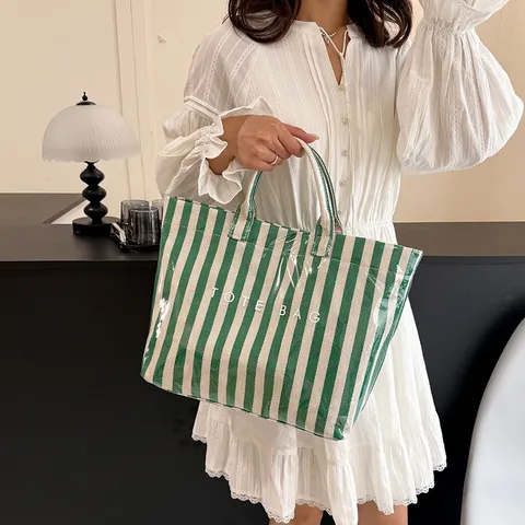 Striped Tote Bag For Women Large Capacity Transparent Waterproof PVC Cotton Linen Shoulder Bag Casual Fashion Shopping Beach Handbag