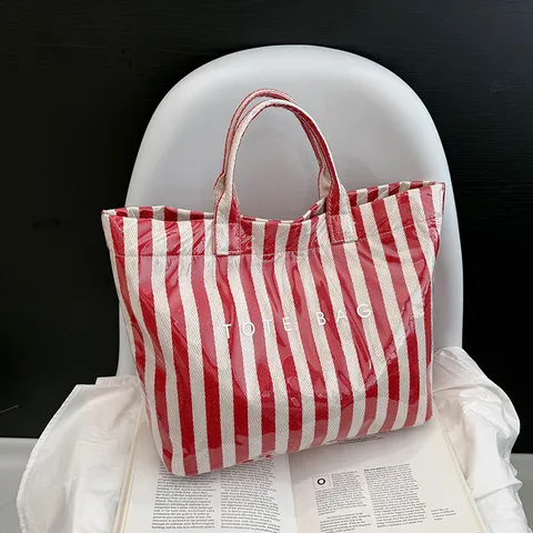 Striped Tote Bag For Women Large Capacity Transparent Waterproof PVC Cotton Linen Shoulder Bag Casual Fashion Shopping Beach Handbag