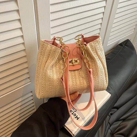 Damen Gewebte Stroh Schultertasche Große Kapazität Unterarm Shopper Mit Drehverschluss Metallkette Lässig Pendeln Strand Handtasche