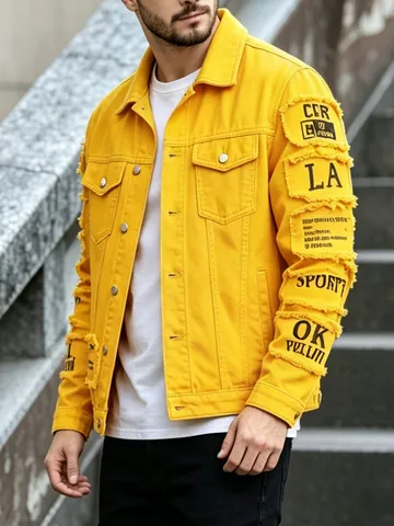 Herren Casual Zerrissene Jeansjacke Distressed Patchwork Buchstabendruck Slim Fit Revers Jean Jacke Streetwear Einreihig Frühling Herbst Oberbekleidung Top