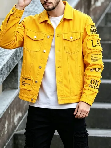 Herren Casual Zerrissene Jeansjacke Distressed Patchwork Buchstabendruck Slim Fit Revers Jean Jacke Streetwear Einreihig Frühling Herbst Oberbekleidung Top