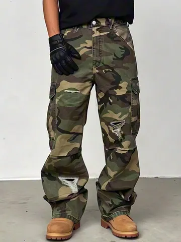 Men American Street Style Washed Camo Cargo Jeans Ripped Straight Leg Denim Pants Loose Multi-Pocket Cotton Trousers