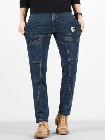Herren Casual Straight Leg Stretch Denim Jeans Slim Fit Mehrere Taschen Gewaschen Mode Baumwollmischung Lange Hose Alltag
