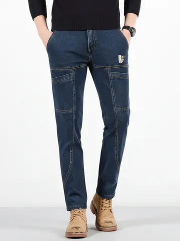 Herren Casual Straight Leg Stretch Denim Jeans Slim Fit Mehrere Taschen Gewaschen Mode Baumwollmischung Lange Hose Alltag