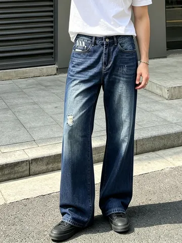 Men's Retro Casual Straight Leg Jeans Vintage Washed Distressed Denim Pants With Patch Design Fashion Streetwear Jeans