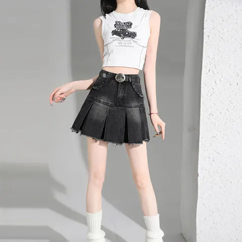 Damen Sommer Denim Plissierter Minirock High Street Offene Kante A-Linie Casual Kurzer Rock Mode Streetwear