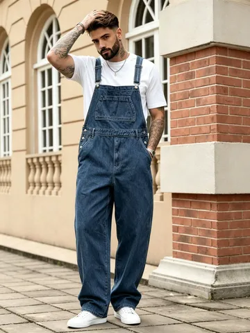 Salopette di Jeans Uomo High Street Tuta in Cotone Lavato Con Tasche Pantaloni con Pettorina Gamba Dritta Streetwear Moda Casual