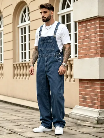 Salopette di Jeans Uomo High Street Tuta in Cotone Lavato Con Tasche Pantaloni con Pettorina Gamba Dritta Streetwear Moda Casual