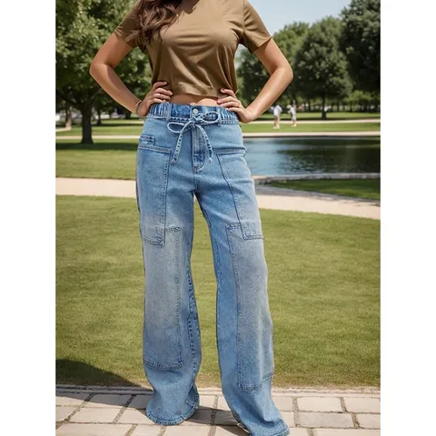 Women Baggy Wide Leg Jeans Elastic High Waist Drawstring Denim Pants Loose Streetwear Patch Pocket Light Blue Jeans