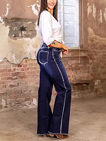 Dames Retro Denim Blauwe Jeans High Street Losse Rauwe Zoom Wijde Pijpen Rechte Broek Gewassen Katoen Casual Dagelijks