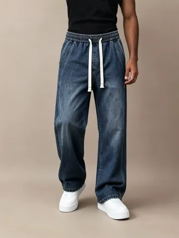 Amerikanische Retro Herren Gerade Jeans Lose Weites Bein Kordelzug Elastischer Bund Denim Hosen Casual Gewaschene Lange Hosen Für Herren