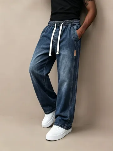 Amerikanische Retro Herren Gerade Jeans Lose Weites Bein Kordelzug Elastischer Bund Denim Hosen Casual Gewaschene Lange Hosen Für Herren