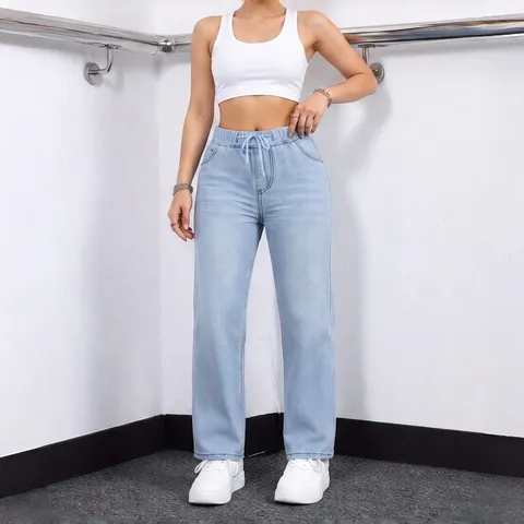 Damen Plus Size Elastischer Bund Kordelzug Denim Jeans Casual Gerades Bein Lange Hose Gewaschene Baumwollmischung Streetwear Hose
