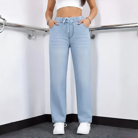 Damen Plus Size Elastischer Bund Kordelzug Denim Jeans Casual Gerades Bein Lange Hose Gewaschene Baumwollmischung Streetwear Hose