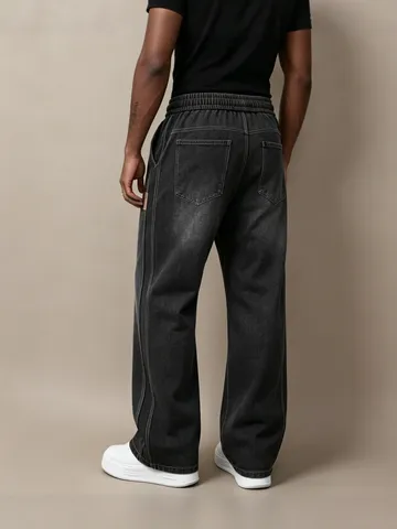 Herren American Vintage Straight Leg Jeans Gewaschene Denim Hose Elastischer Kordelzug Taille Lässige Lockere Bequeme Unterteile