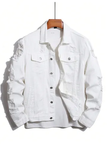 Herren Weiß Zerrissen Denim Jacke Baumwolle High Street Stil Locker Passform Knopfleiste Lässig Oberbekleidung Mode Jeansjacke